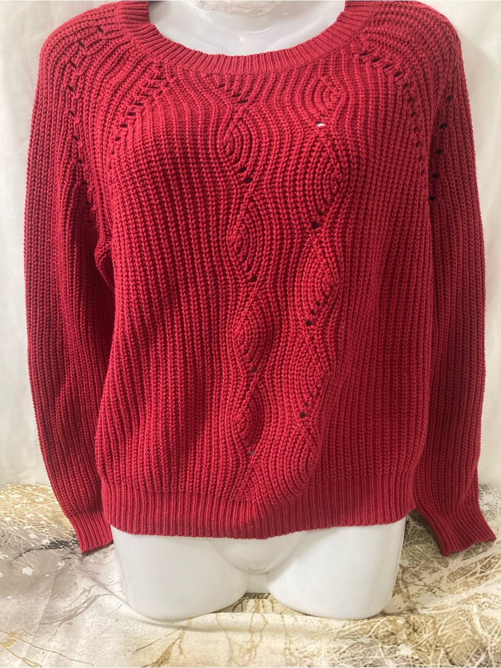 U2B Red Cable Knit Sweater Women’s Large Chunky Cotton Blend Pullover Cozy